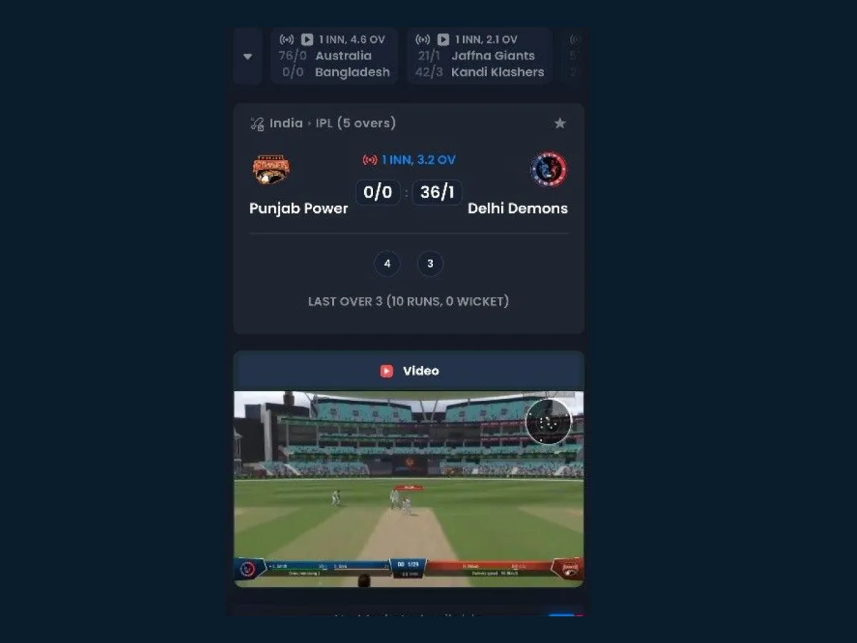 Historical public 4RABET cricket and eSports interface with event and video panels
