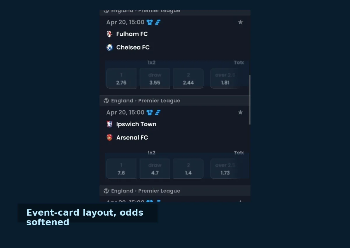 Historical 4RABET sports event-card layout used as an interface reference