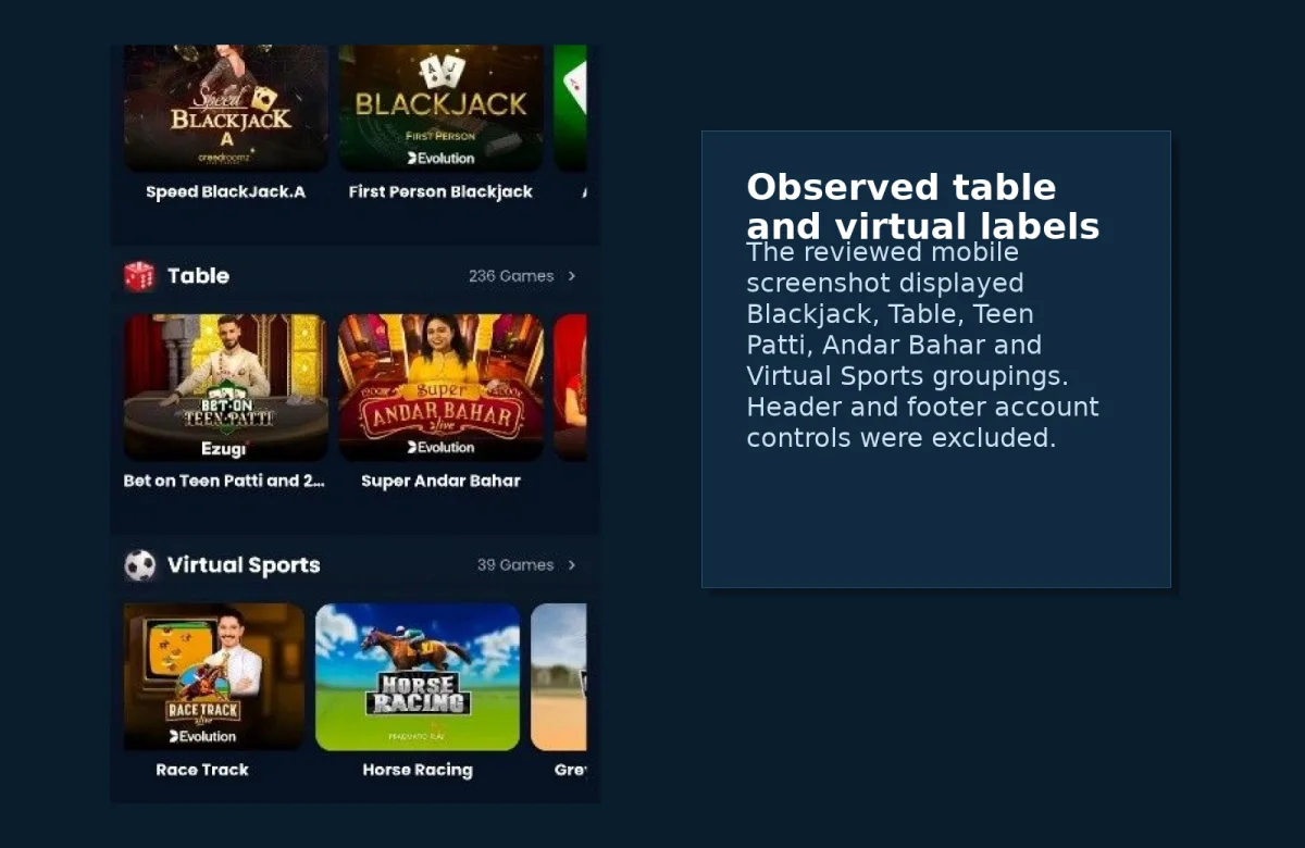 Public 4RABET casino interface showing blackjack, Teen Patti, Andar Bahar and virtual-sports categories