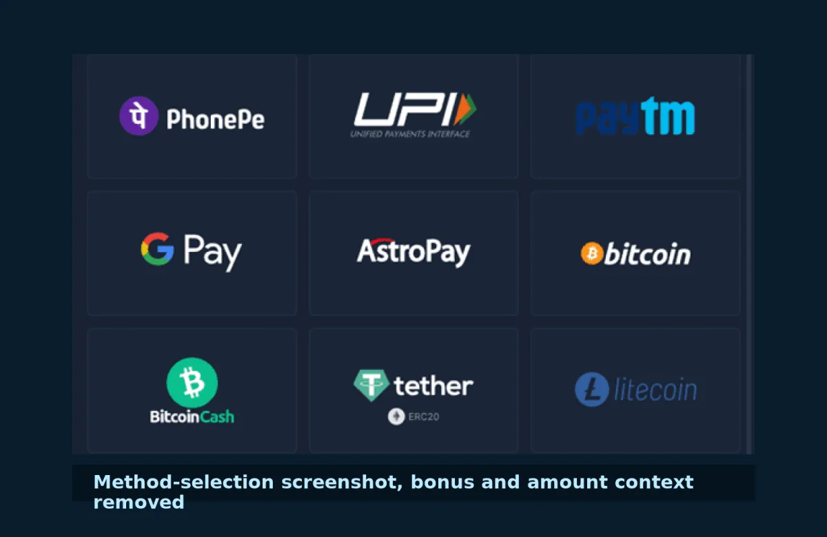 Historical 4RABET payment-selection interface showing UPI, wallets and cryptocurrency options